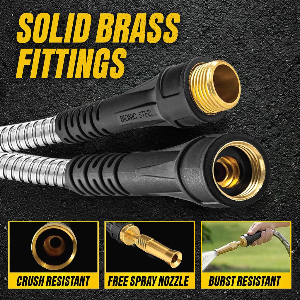 Bionic Steel Pro 50 Ft Metal Garden Hose With Brass Nozzle | Water Hose Made From Heavy Duty 304 Stainless Steel, Flexible, Lightweight, Brass Fittings, Non Kinking, 500 Psi