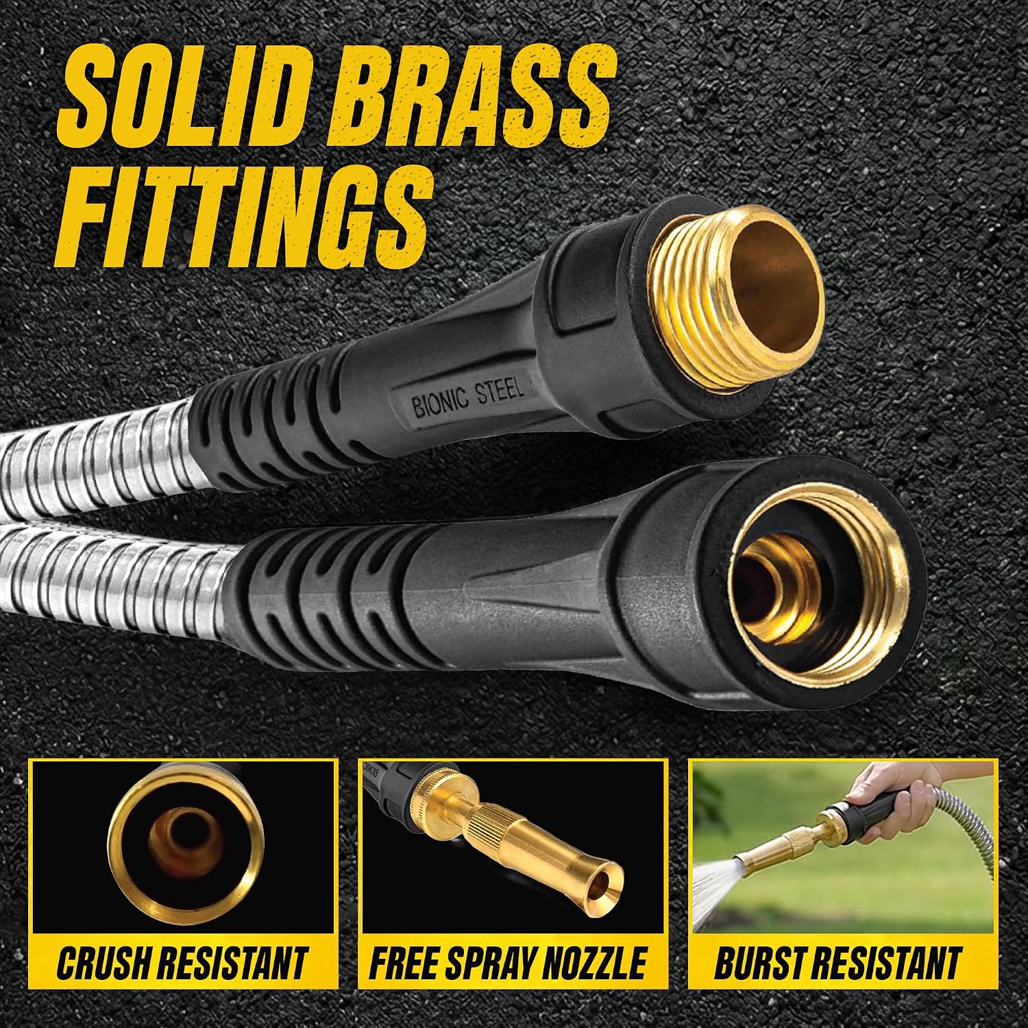 Bionic Steel Pro 50 Ft Metal Garden Hose With Brass Nozzle | Water Hose Made From Heavy Duty 304 Stainless Steel, Flexible, Lightweight, Brass Fittings, Non Kinking, 500 Psi