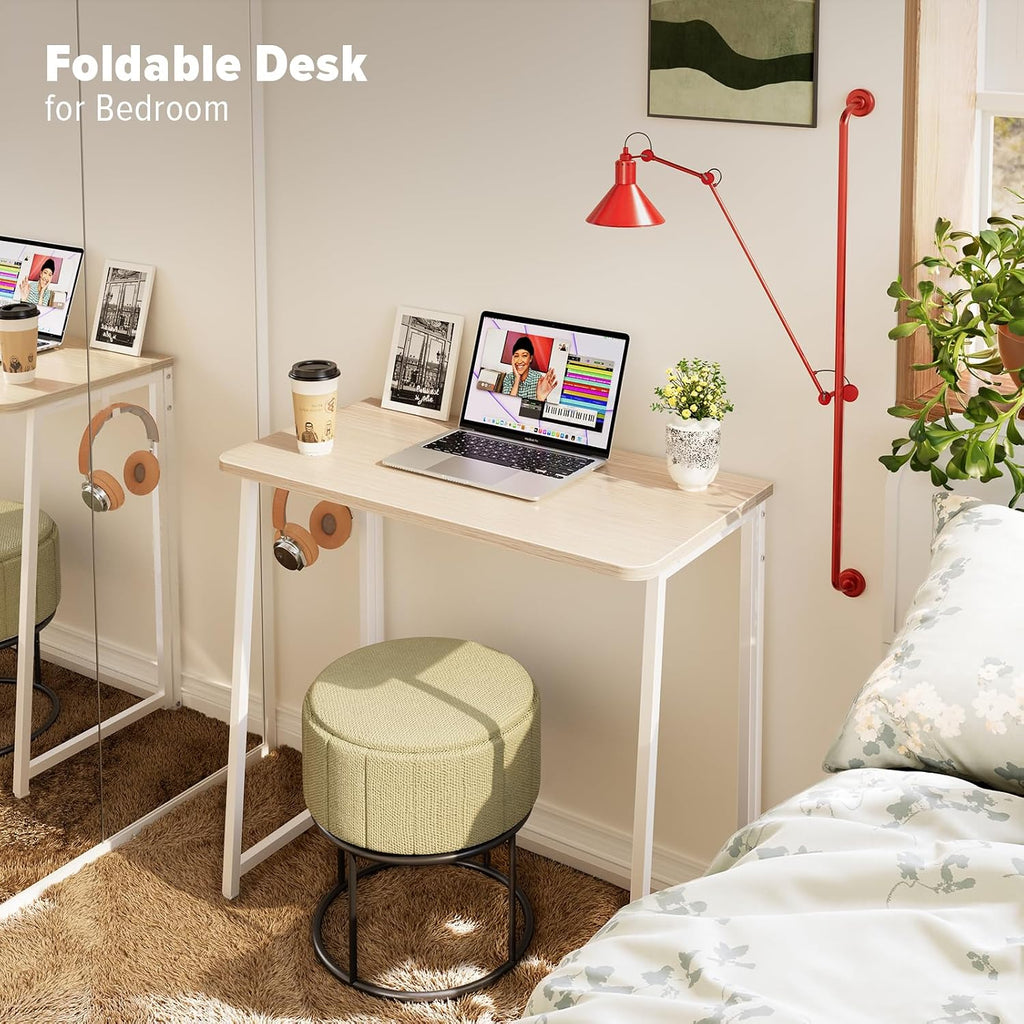 Wohomo Folding Desk, Small Foldable Desk 31.5" For Small Spaces, Space Saving Computer Table Writing Workstation For Home Office, Easy Assembly, Oak