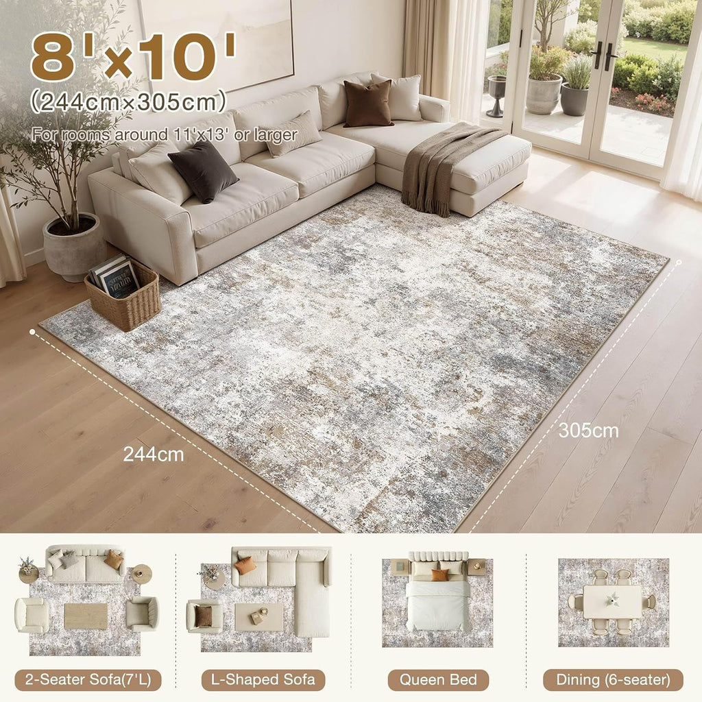 8X10 Area Rug Living Room Rugs - Washable Neutral Modern Abstract Soft Thin Large Rug Indoor Floor Non Slip Rug Carpet For Bedroom Under Dining Table Home Office Decor - Brown Grey