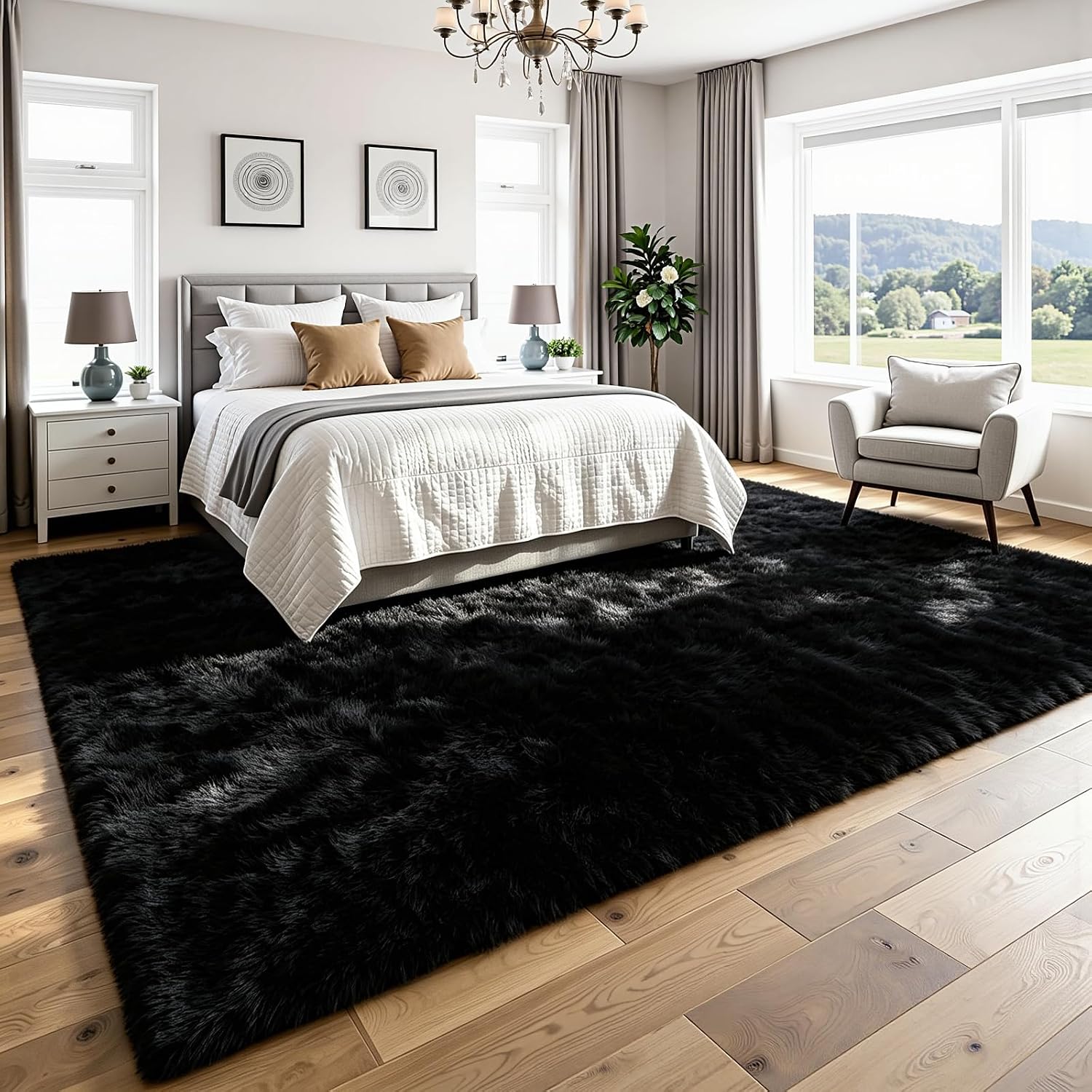 8X10 Area Rug For Living Room, Ultra Soft Fluffy Black Rugs For Bedroom, Non Slip Large Shag Carpet, Fuzzy Plush Nursery Rug, Thick Washable Indoor Floor Carpets For Kids Office Dorm Home Decor