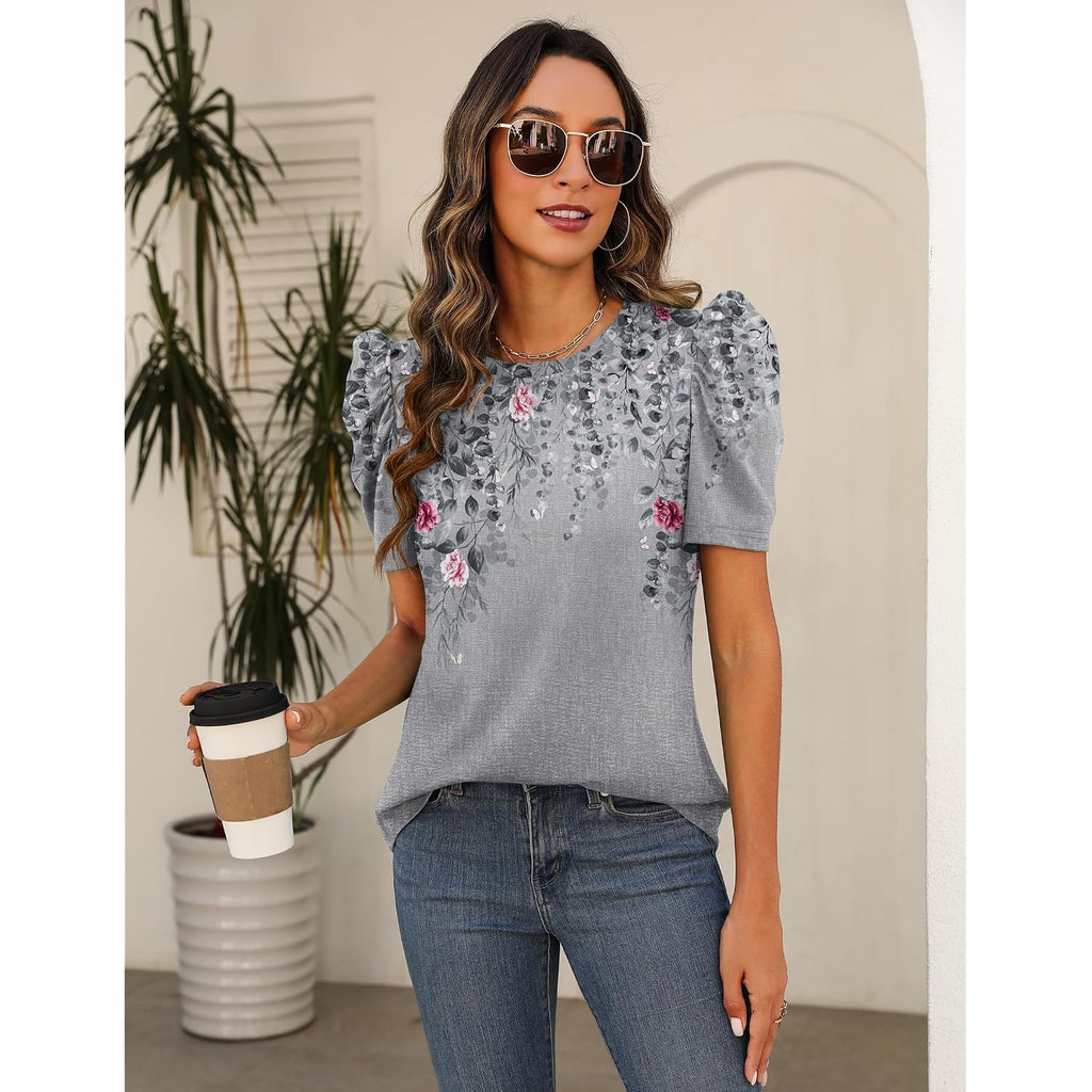 Zeagoo Blouse For Women Dressy Casual Puff Short Sleeve Boho Tops Fashion Floral Crew Neck Tunic Shirts Summer Clothes