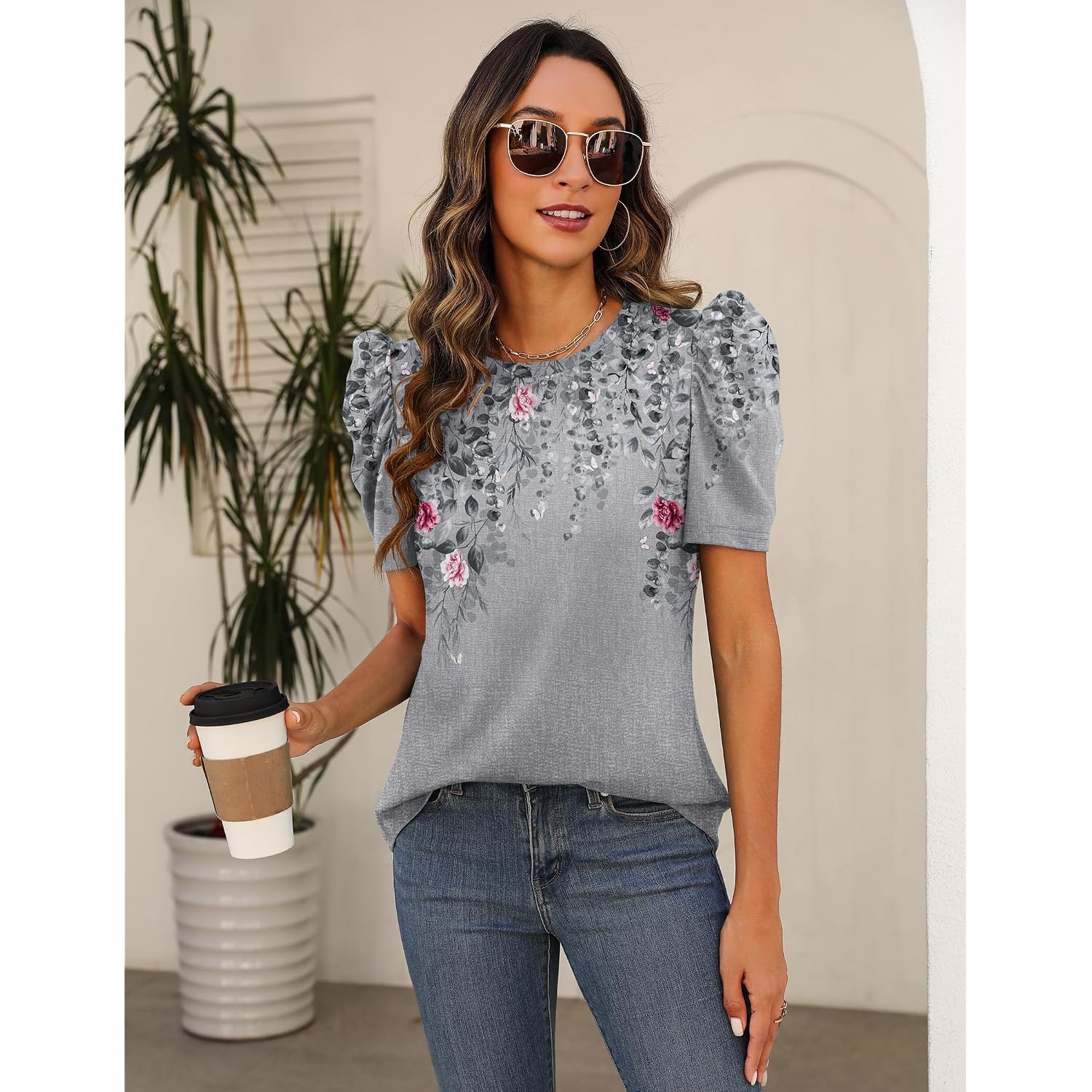 Zeagoo Blouse For Women Dressy Casual Puff Short Sleeve Boho Tops Fashion Floral Crew Neck Tunic Shirts Summer Clothes