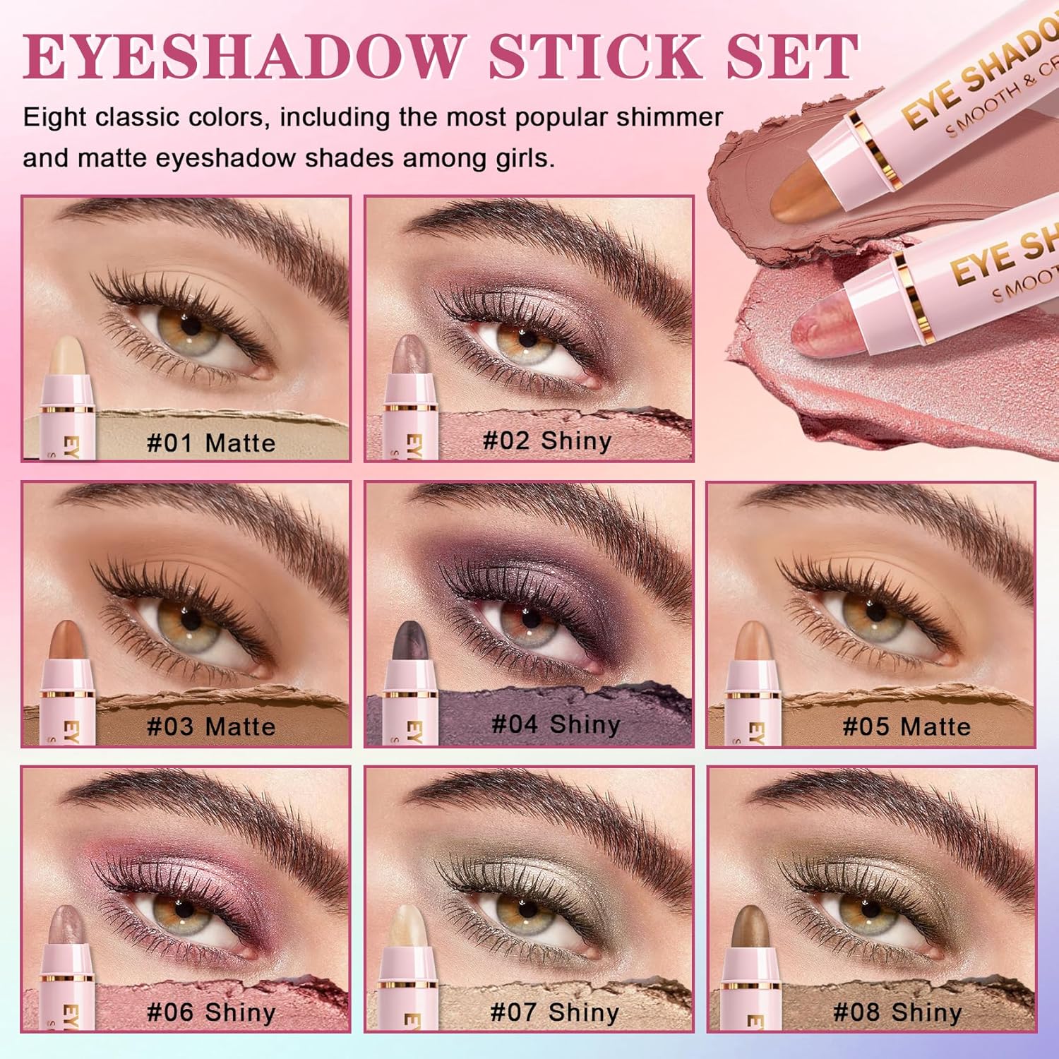 8PCS Eye Shadow Sticks,Shimmer & Matte Cream Eyeshadow Stick Set,Dual-ended Eye Brightener Stick,Soft Eye Shadow for Older Women,Teenagers,Middle-aged,Sombras Para Ojos,Eyeshadow Makeup