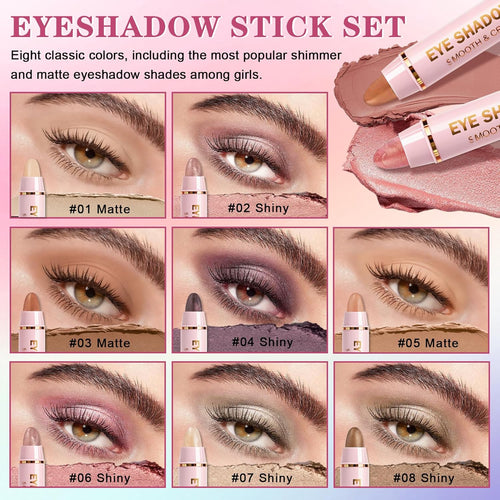 8PCS Eye Shadow Sticks,Shimmer & Matte Cream Eyeshadow Stick Set,Dual-ended Eye Brightener Stick,Soft Eye Shadow for Older Women,Teenagers,Middle-aged,Sombras Para Ojos,Eyeshadow Makeup