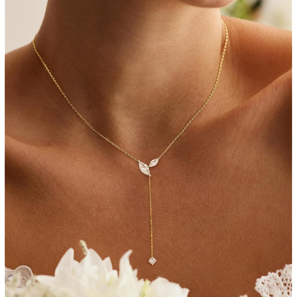 Gold Necklace for Women - Dainty Long Lariat Necklace 14K Gold Plated Clover Star Teardrop CZ Y Shaped Drop Necklaces Cute Long Necklaces for Women Trendy Prom Formal Womens Jewelry