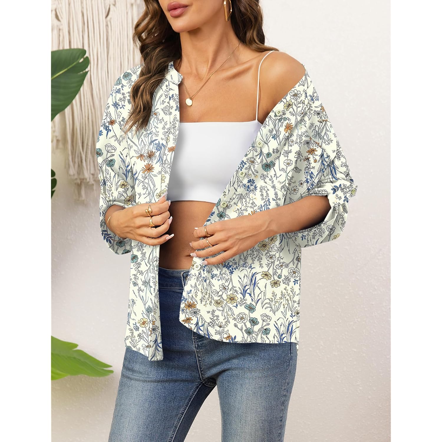 LOMON Women's Button Down Shirts 3/4 Length Sleeve Tops Casual Work Shirt with Pocket S-XXL