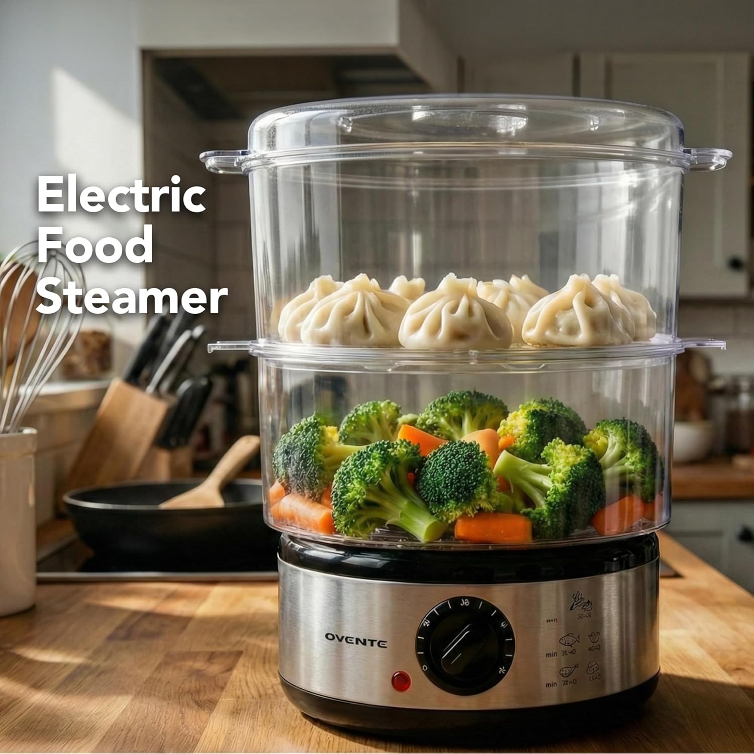 OVENTE 2-Tier Electric Food Steamer, 5 Quart Stainless Steel Stackable Steam Cooker with 400W Power, 60-Minute Timer & Auto Shut-Off, Dishwasher Safe, Healthy Vegetable & Seafood Steamer, Silver FS62S