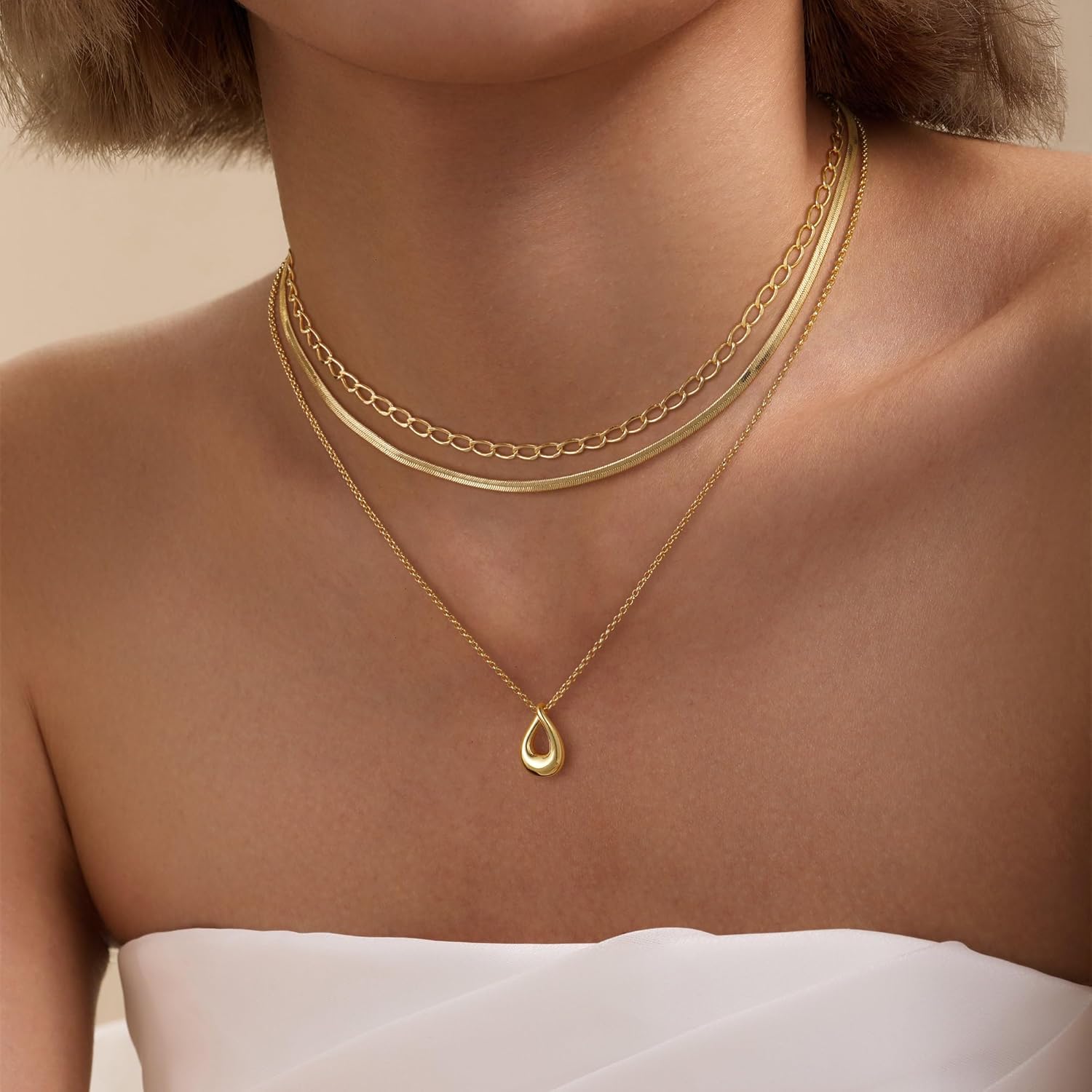 NECOCY Layered Gold Necklaces for Women, Trendy 14k Gold/Silver Plated Pendant Necklace Stack Simple Herringbone Chain Choker Set Gold Jewelry Gifts