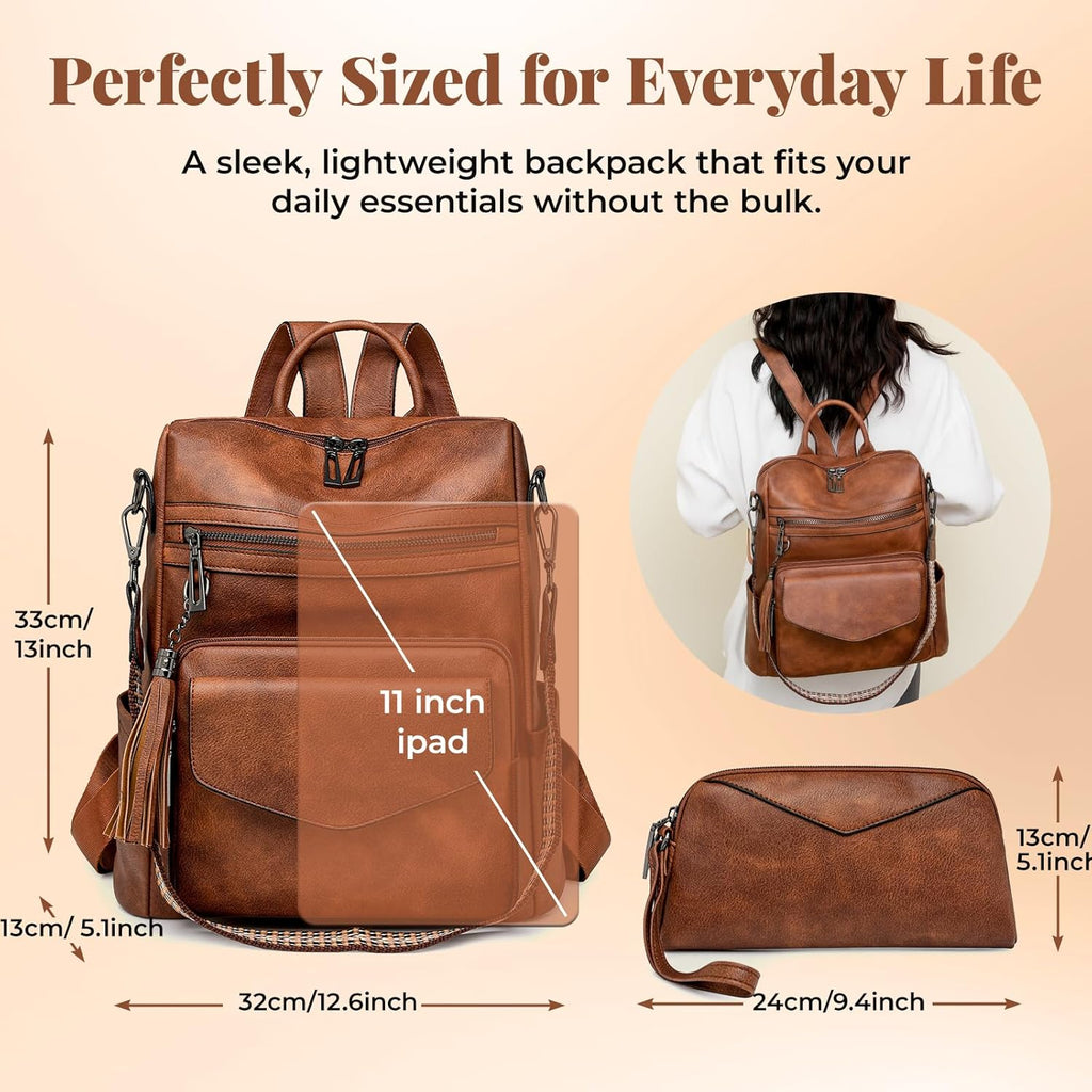 PU Leather Backpack Purse for Women | Anti-theft Ladies Shoulder Bag Handbag Suitable for Work, Travel, and Daily Use (Brown)