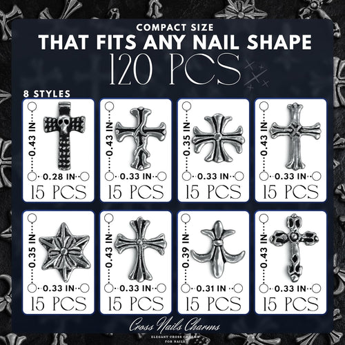 120 Pcs Silver Nail Charms – 3D Acrylic Silver Cross Charms for Nails with Curved Back, Secure Fit on Press-On, Gel, and Acrylic Nails – for Gothic, Party, Festival, Salon, DIY & Professional Manicure