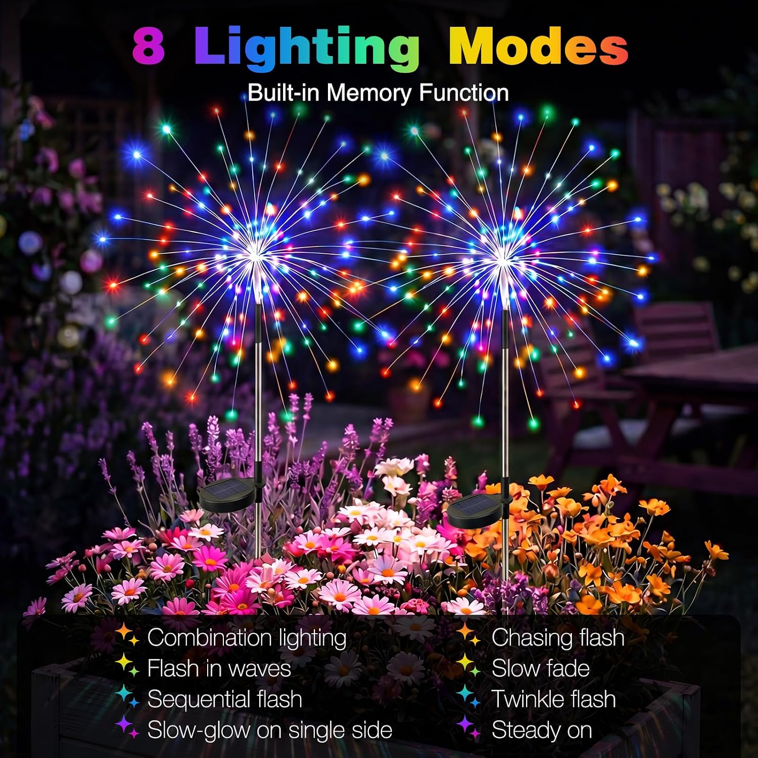 Btfarm 2 Pack Solar Garden Lights Outdoor 8 Modes, 120 Led Firework Lights Solar Powered, Waterproof Twinkle Fairy Light Outside For Yard Pathway Lawn Pool Patio Christmas Decorative, Multicolor