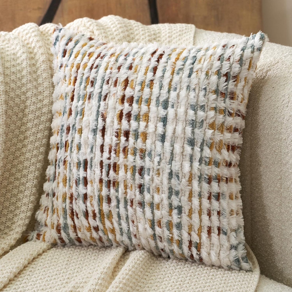 Aeckself Boho Chenille Tufted Pillow Cover 20 X 20 Inch, Decorative Square Throw Pillow Cover Neutral Pillowcase For Couch Bedroom Living Room, Orange White
