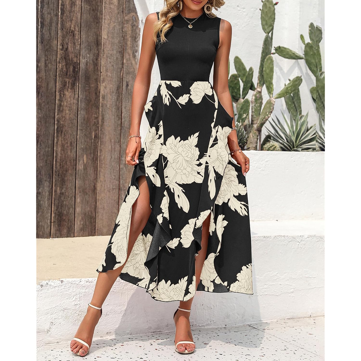 Btfbm Summer Dresses For Women 2026 Casual Spring Floral Sleeveless Ruffle Boho Cocktail Wedding Guest Party Midi Dress