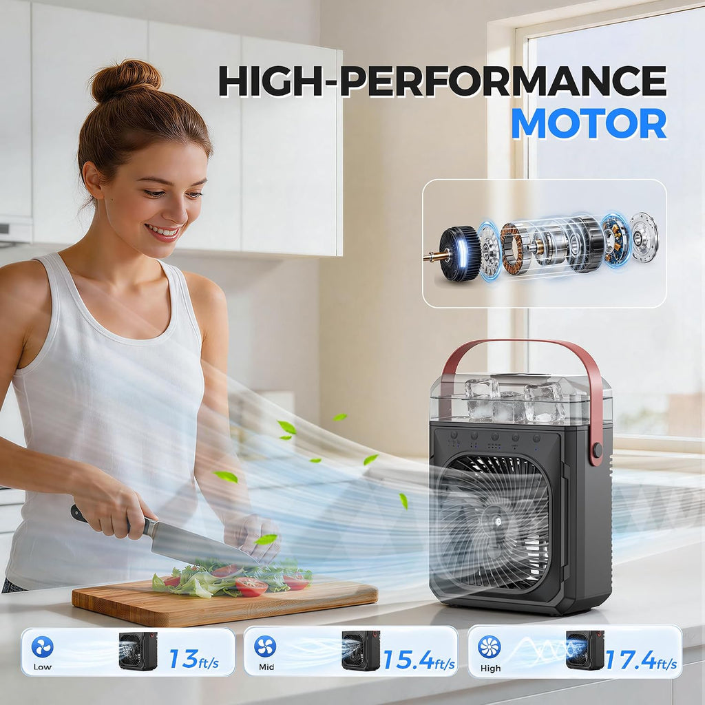 Rechargeable Misting Fan Portable【Max 40H Runtime】,Desk Cooling Air Conditioner Fan 5℉ Drop,Water Spray Mister Fan & 2 Spray Modes, Battery Powered Operated Bedroom Fan & Lights, Remote Control, Black