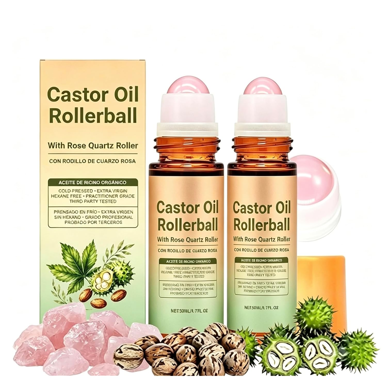 2Pcs Castor Oil With Rose Quartz Roller - 100% Cold Pressed Moisturizing Oil With Rose Quartz Roller Ball For Face And Body, Hair, Eyebrows, Moisturize Skin
