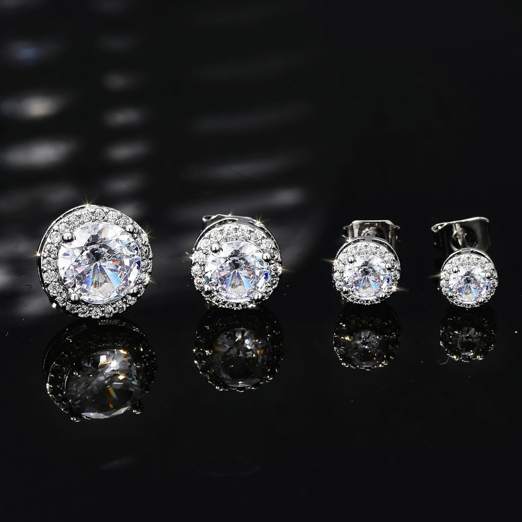 4 Pairs Silver Stud Earrings for Women, 18K Silver Plated Hypoallergenic Premium Cubic Zirconia Earrings, Halo Round Square Stud Earrings Set for Women Men