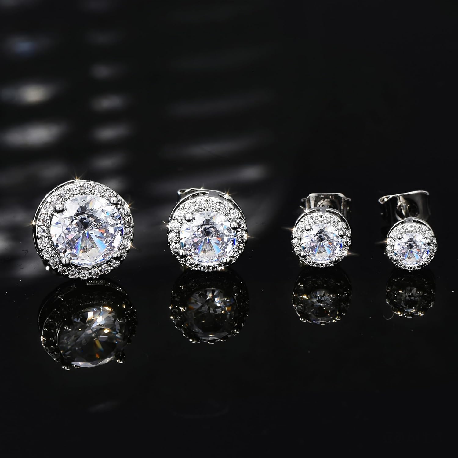 4 Pairs Silver Stud Earrings for Women, 18K Silver Plated Hypoallergenic Premium Cubic Zirconia Earrings, Halo Round Square Stud Earrings Set for Women Men