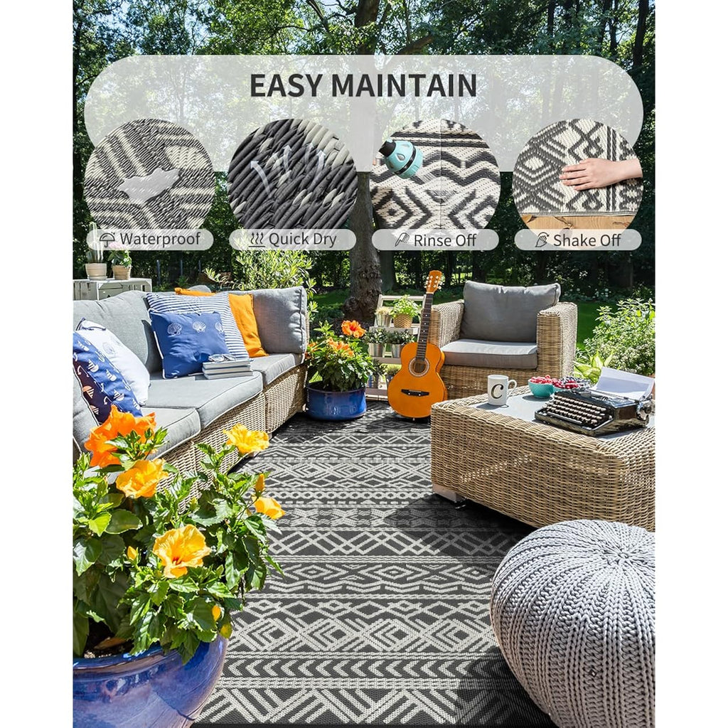 Montvoo Outdoor Rug Carpet Waterproof 5X8 Outdoor Patio Rug Mat Reverisble Plastic Straw Outdoor Rug For Rv Camping Picnic Beach Balcony Boho Grey