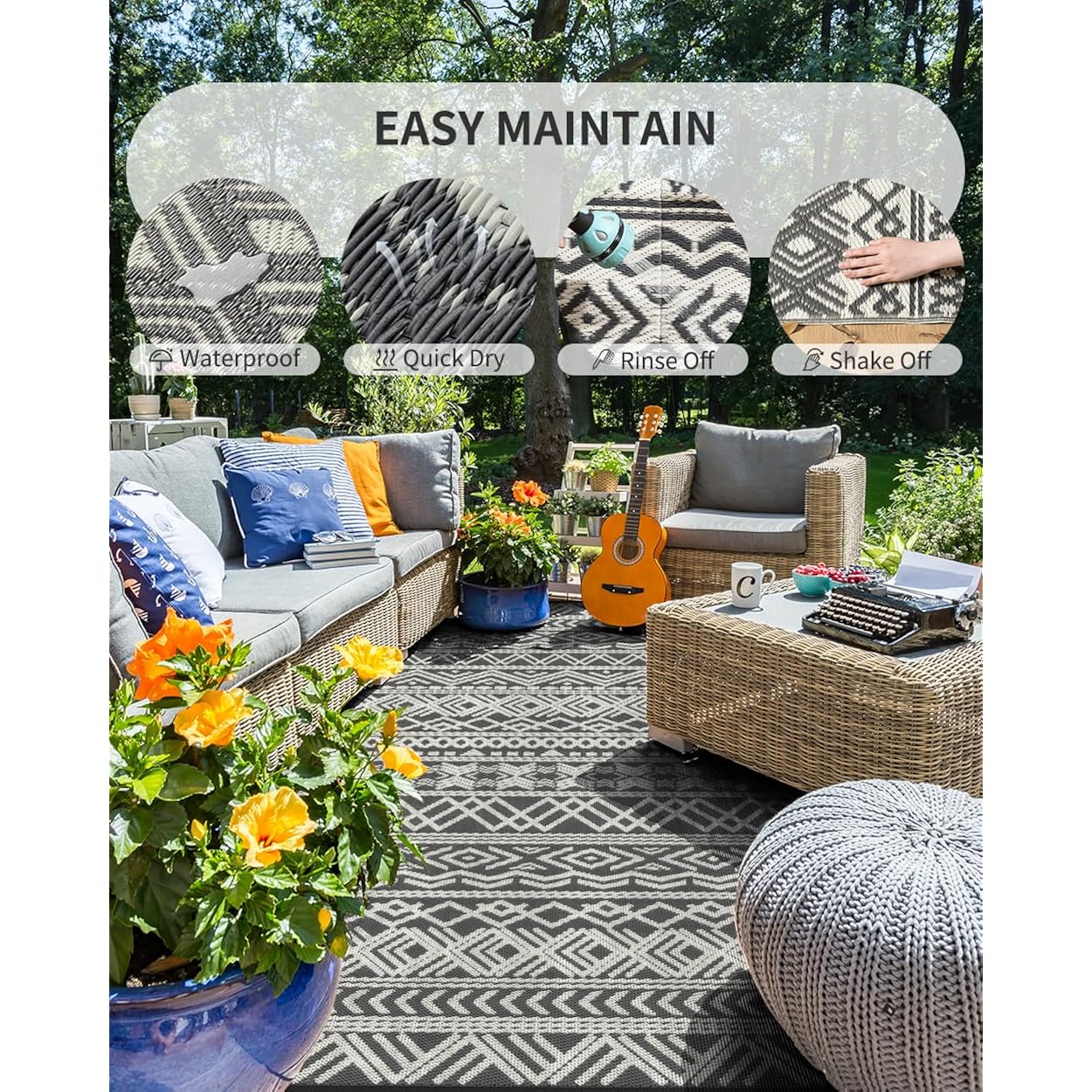 Montvoo Outdoor Rug Carpet Waterproof 5X8 Outdoor Patio Rug Mat Reverisble Plastic Straw Outdoor Rug For Rv Camping Picnic Beach Balcony Boho Grey
