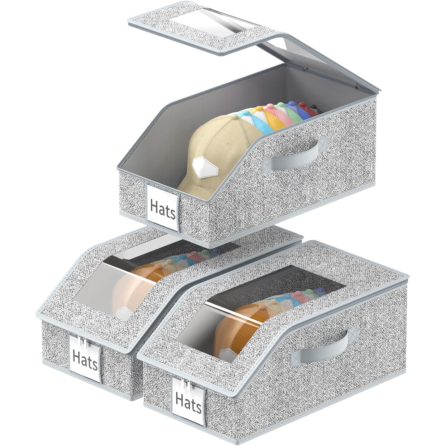 3 Pack Stackable Hat Organizer For Baseball Caps, Hat Storage With Clear Window Lid, Holds Up To 45 Ball Cap Storage Organizer, Foldable Hat Box Holder With Cardboard, For Closet Bedroom Shelf(Grey)