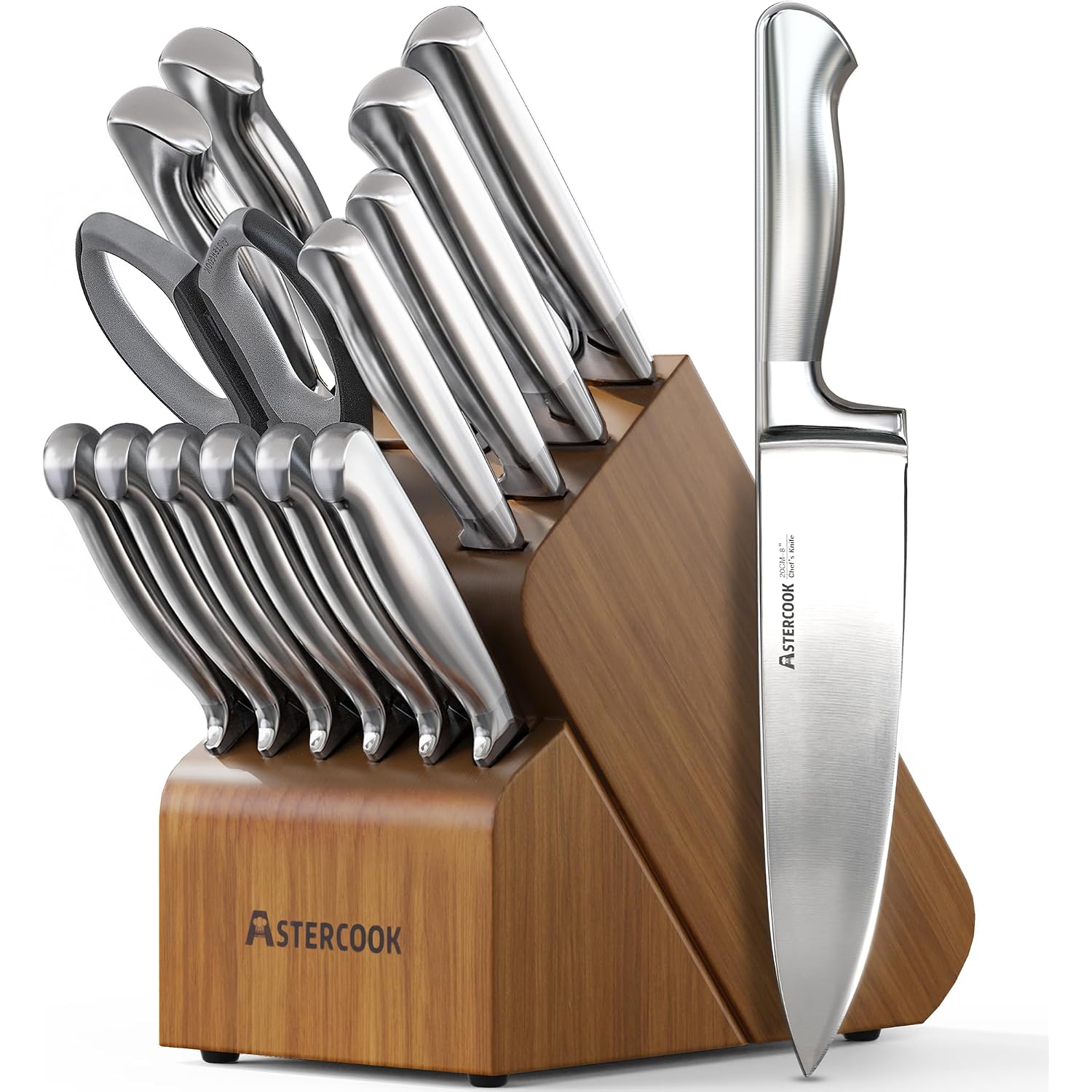 Astercook Knife Set, 15 Piece German Steel Kitchen Knife Set With Built-In Sharpener, One-Piece Knife Block Set Rust-Resistant Dishwasher Safe Block Knives Set For Cooking & Gift (Walnut Brown)