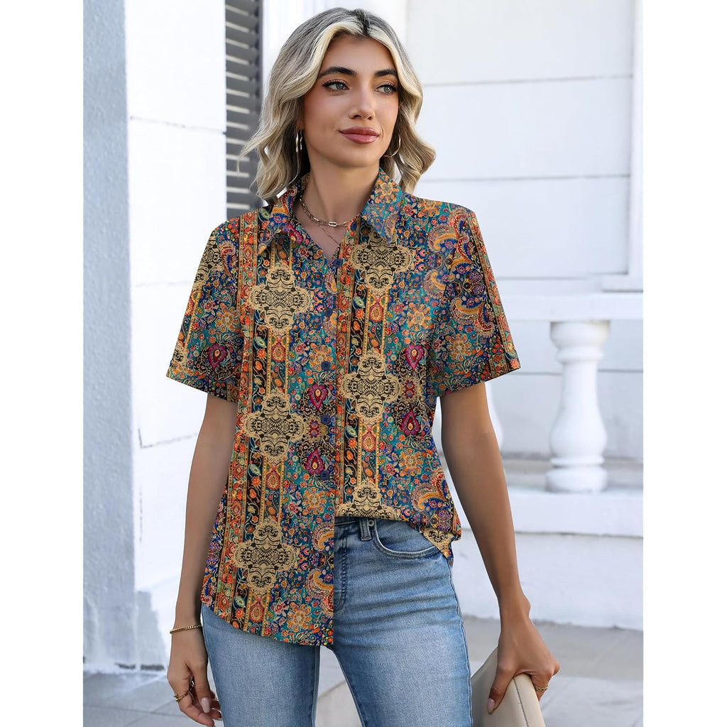 Button Down Shirts for Women Short Sleeve Collared Tops Dressy Casual V Neck Blouses
