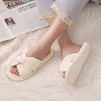 Evshine Summer House Slippers For Women Corduroy Cross Bow Indoor Slippers Open Toe Slip On Bedroom Shoes With Memory Foam