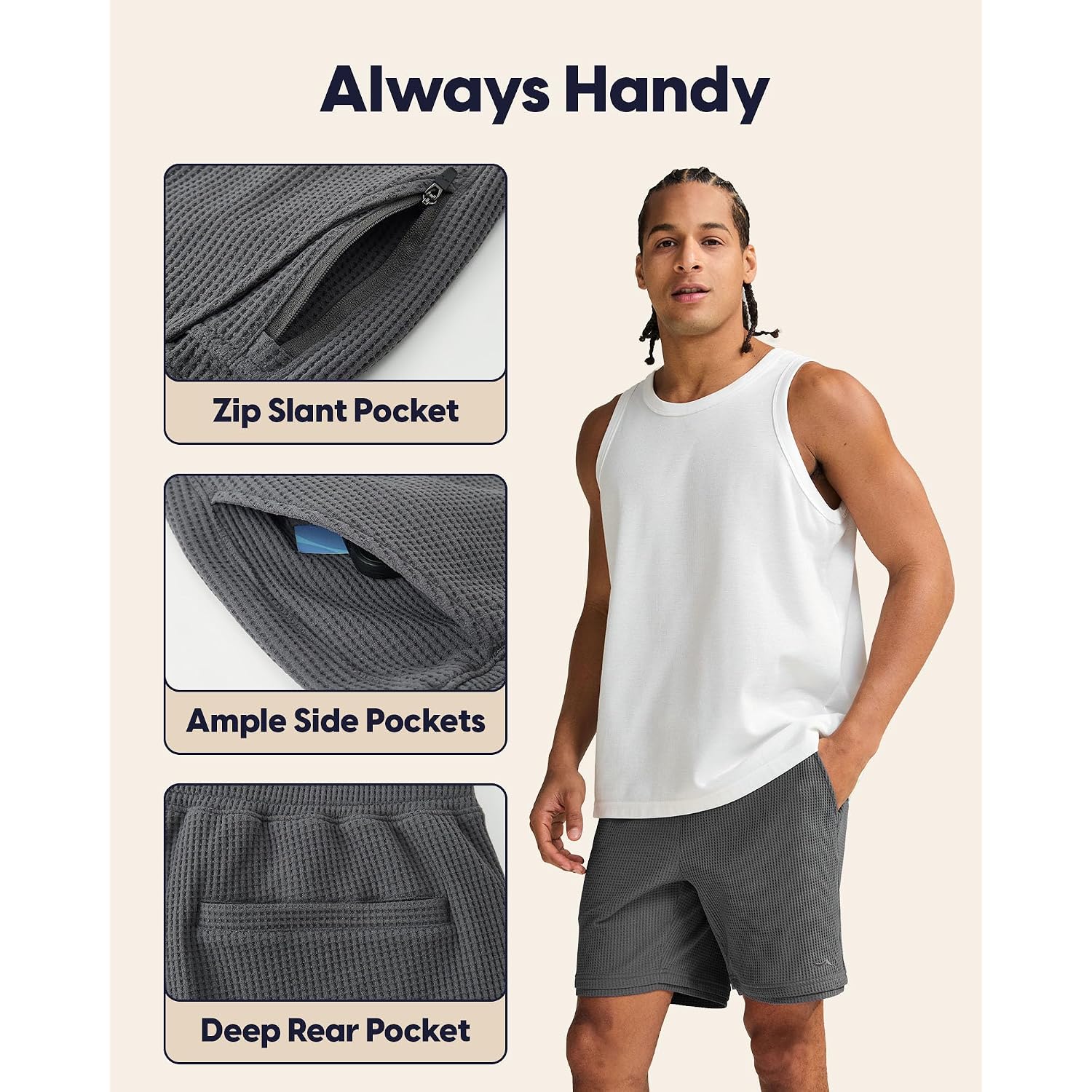 Maamgic Mens Shorts Casual 7 Inch With Elastic Waist And Multiple Pockets Waffle Shorts For Lounge