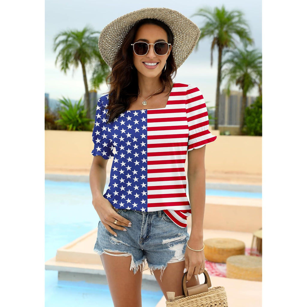 WIHOLL Tops for Women Summer Casual Ruffle Trim Sleeve Square Neck T Shirts