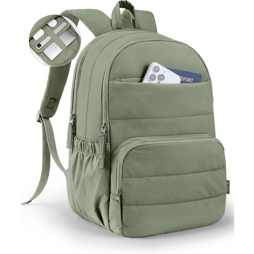 Travel Backpack For Women, 15.6 Inch Laptop Backpack, Quilted College Bookbag, Cute Work Backpacks, Water Resistant (Sage Green)