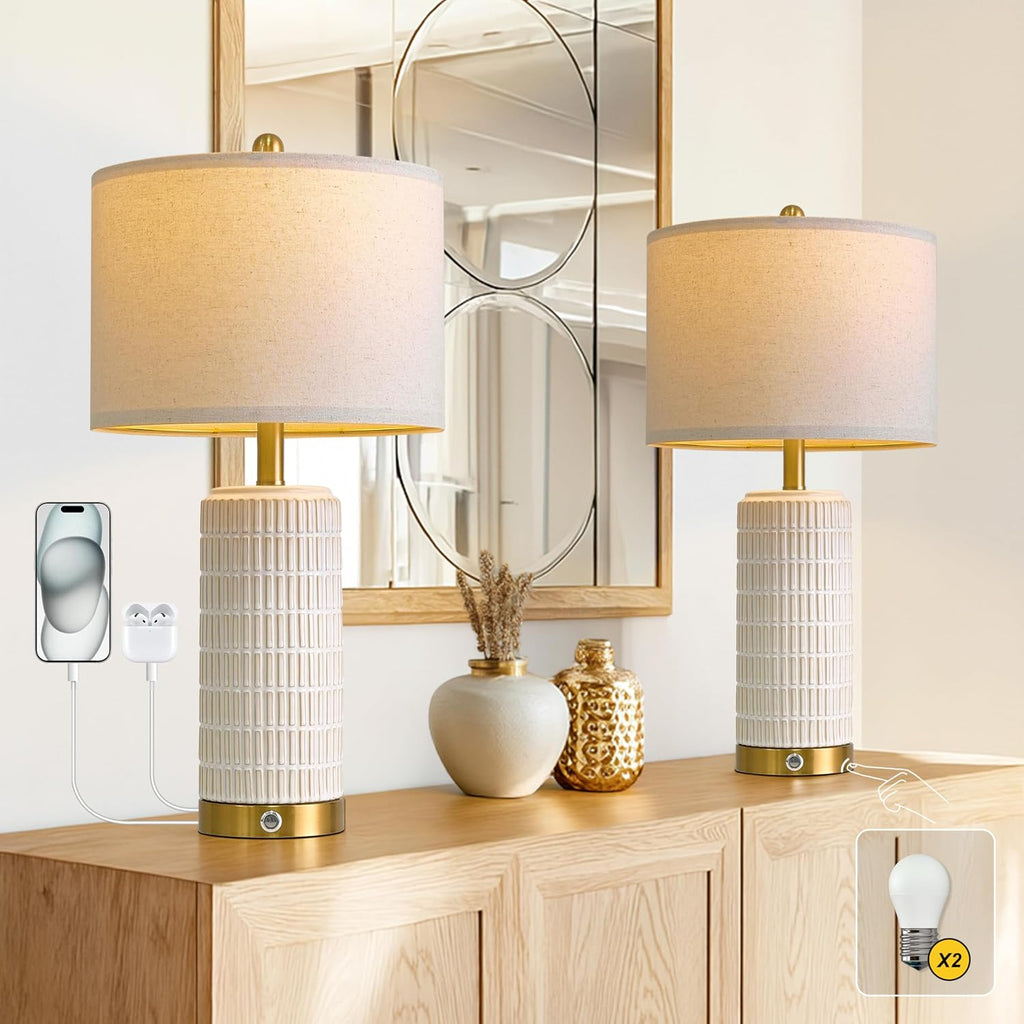 Pokat Touch Bedside Table Lamps With Usb Ports For Bedroom Living Room, 25'' Dimmable Nightstand Touch Lamps For Living Room, Modern Ceramic Lamps For Night Stands Bedroom, Office, White And Beige