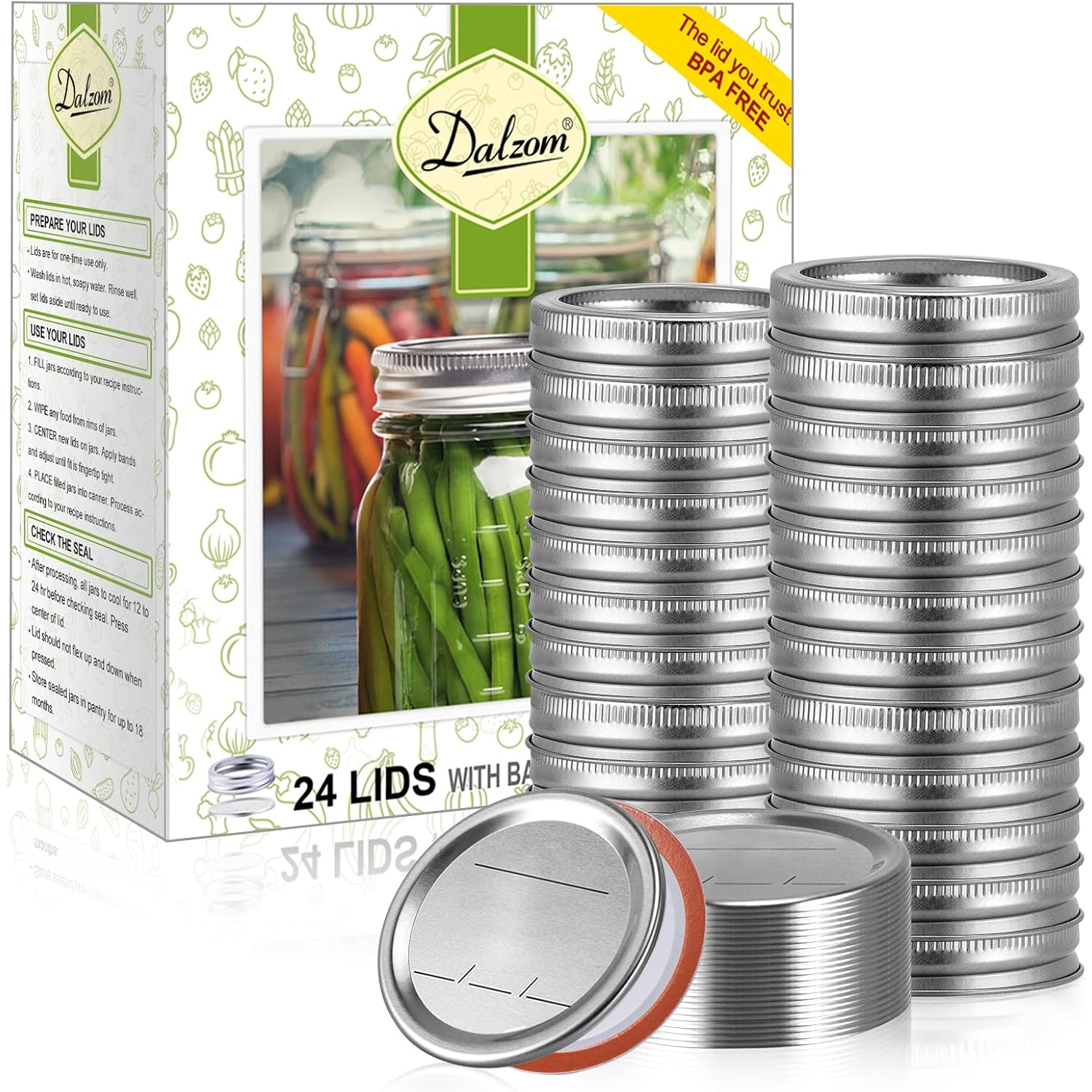 Dalzom® 24Pcs Canning Lids with 24Pcs Rings Regular Mouth, Premium Mason Jar Lids with Bands/Rings for Ball, Kerr Jars - Food Grade Material, 100% Fit & Airtight for Regular Mouth Mason Jars