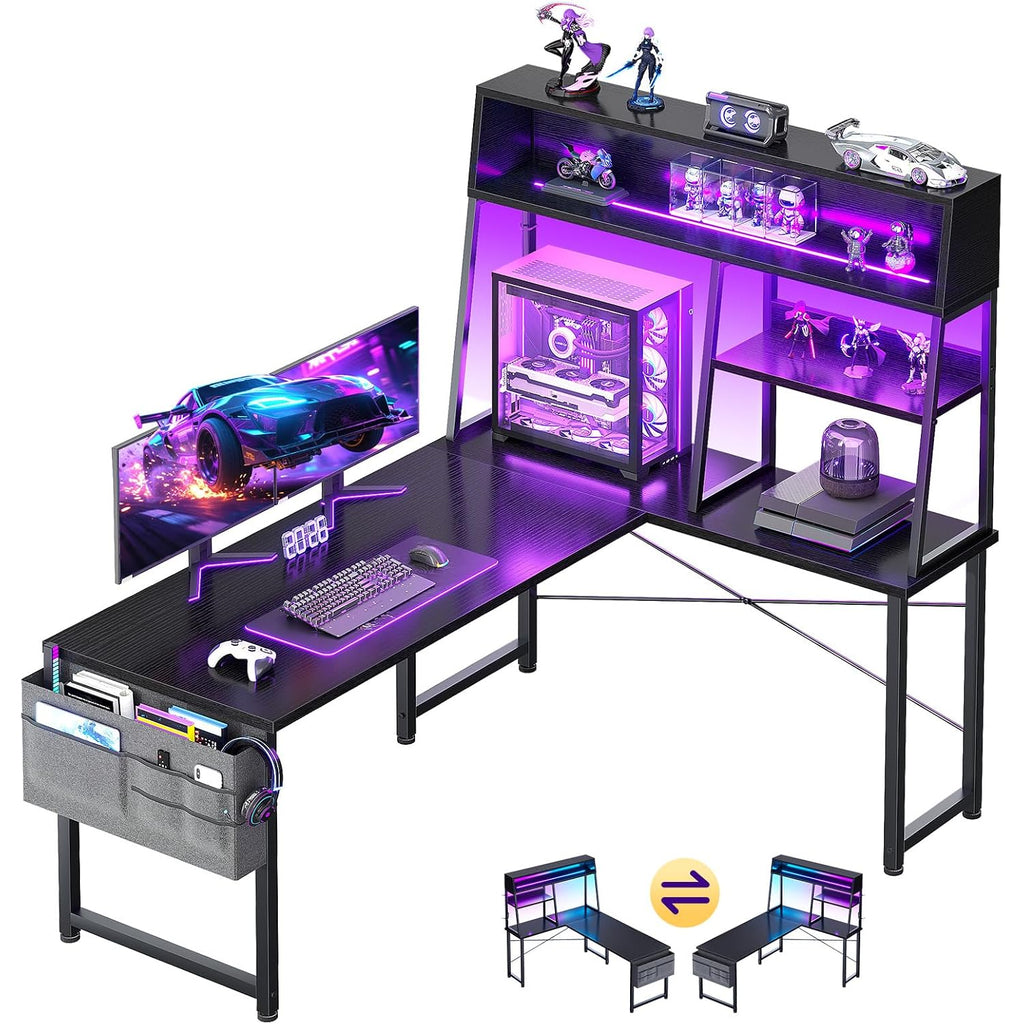 Aodk L Shaped Gaming Desk With Led Lights, 51 Inch Reversible Gaming Computer Desk With Display Shelves, Pc Gamer Desk Gamer Table With Storage Bag, L Desk For Game, Black