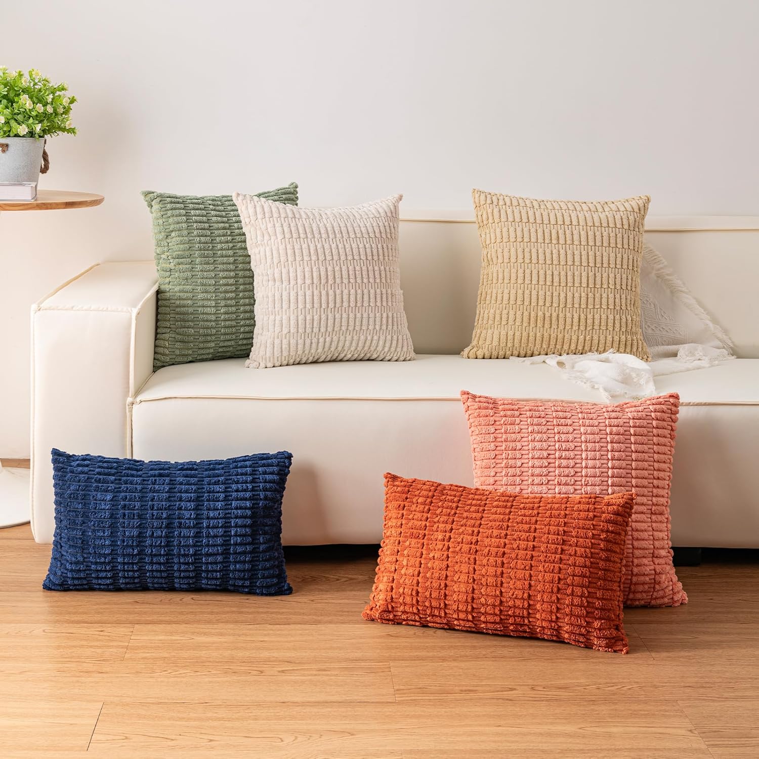 Aegero Pack of 2 Corduroy Decorative Throw Pillow Covers 18x18 Inch Soft Striped Pillow Covers Modern Farmhouse Home Decor for Sofa Living Room Couch Bed(Cream White)