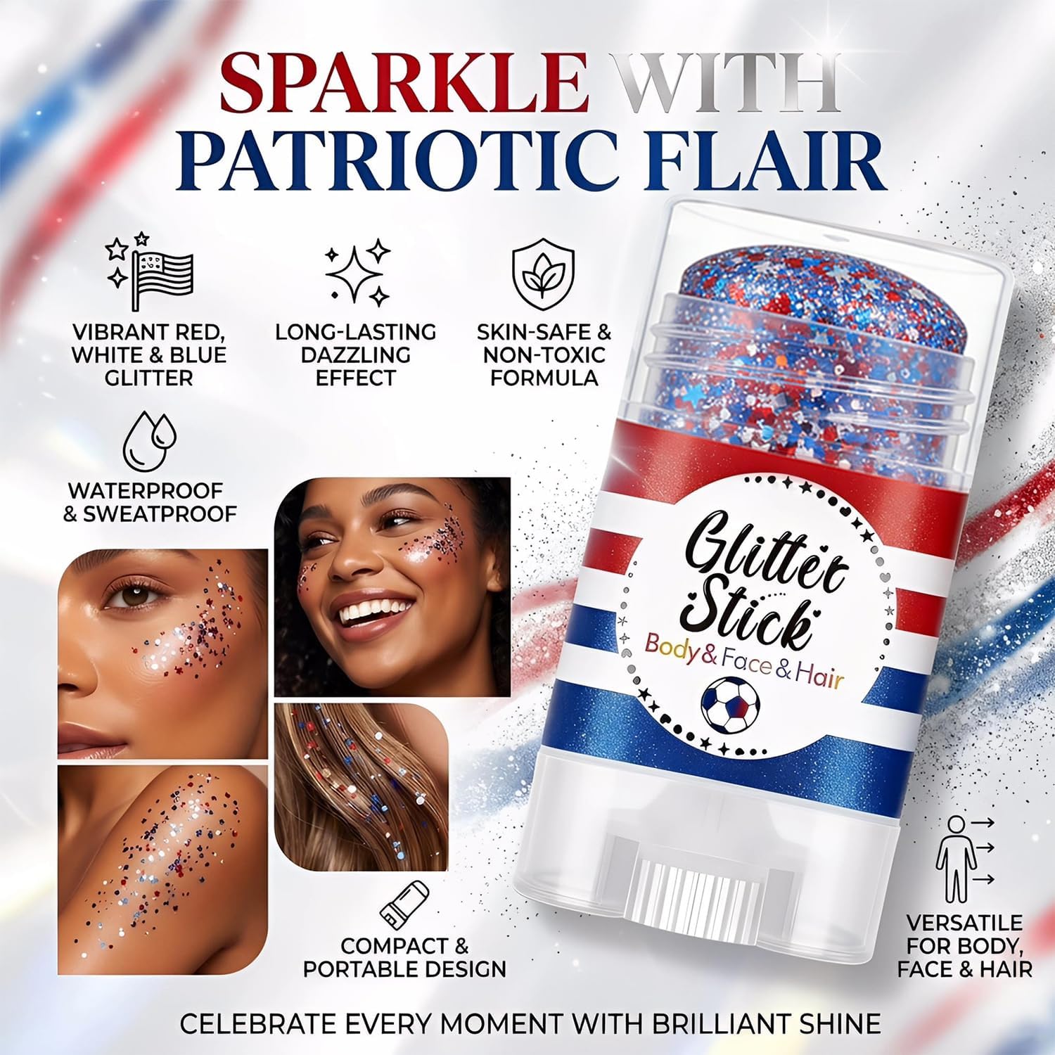 Patriotic Body Glitter Stick, Face Glitter, Red White and Blue Glitter Stick, 4th of July Decorations, 4th of July Outfits for Women, Hair Glitter for Kids, Independence Day Glitter Makeup