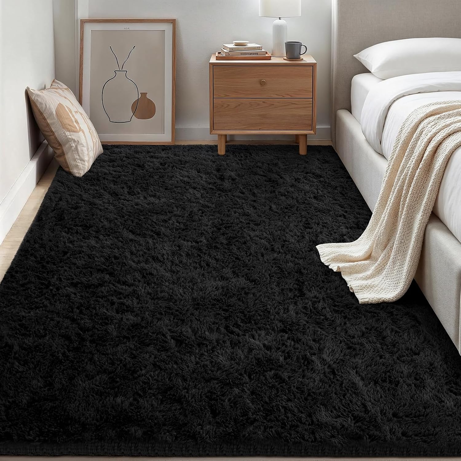 Area Rug For Living Room Bedroom: 5X7 Soft Fluffy Shag Rugs Upgrade Non-Slip High Pile Carpet Large Fuzzy Plush Indoor Floor Shaggy Carpets For Nursery Kid Playroom Office Dorms Home Decor Black