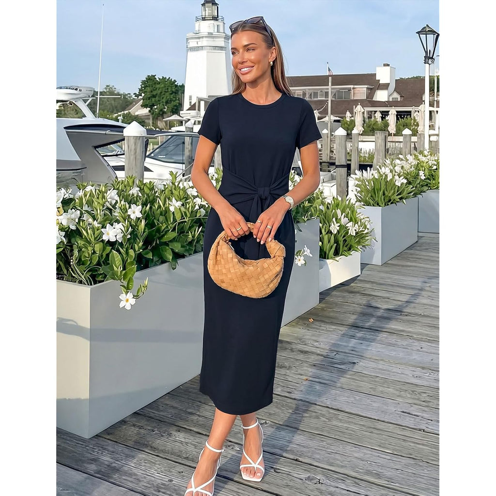 Merokeety Women'S Summer Maxi Dresses 2026 Casual Spring Short Sleeve Tie Waist Work Beach Vacation T Shirt Long Dress