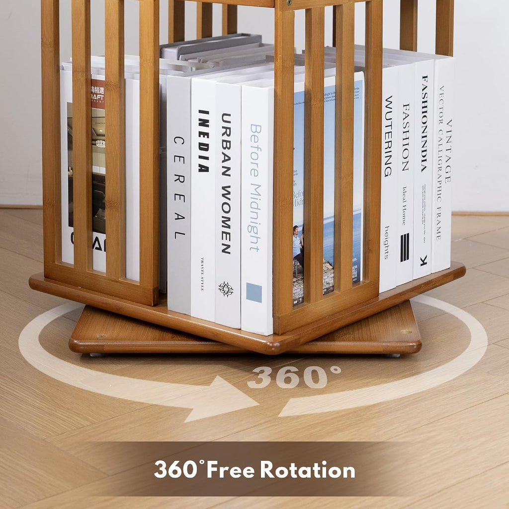 Rotating Bookshelf Tower, 360° Display Spinning Bookcase, Bamboo Bookshelf Floor Standing Storage Rack, Wood Narrow Book Shelf Organizer For Kids Adults (Walnut, 6 Tier)