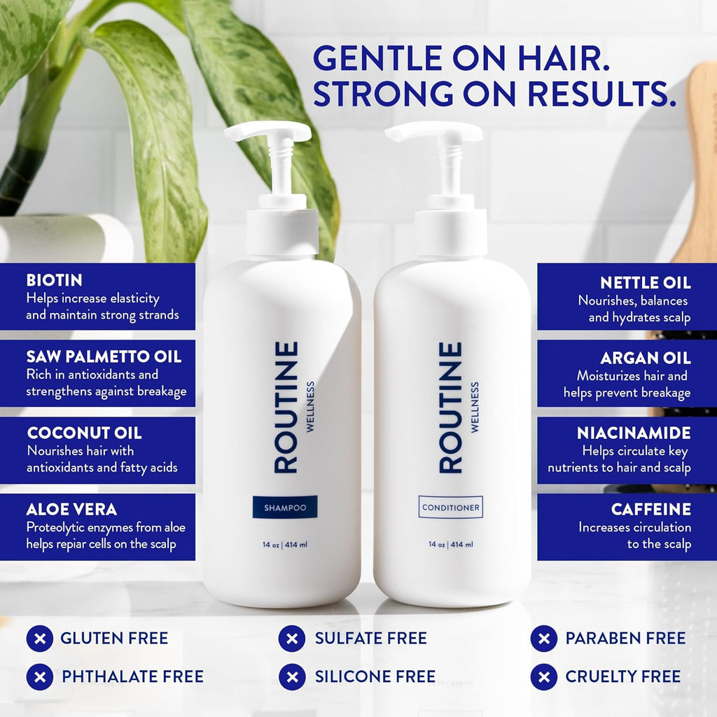 Routine Wellness Anti-Thinning Shampoo and Conditioner Set for Thinning Hair - Biotin DHT Blocker Women & Men - Color Safe Shampoo for Hair Loss & Healthier Hair - Coconut & Vanilla Set