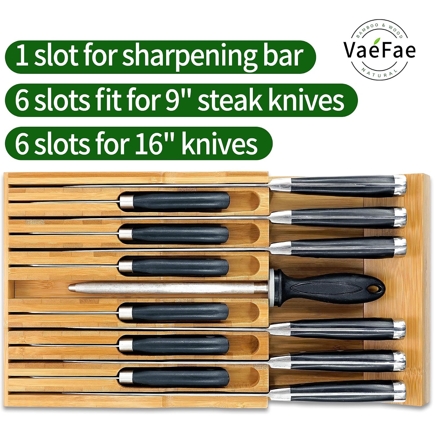 Vaefae Bamboo Knife Drawer Organizer, Knife Drawer Organizer Insert, Kitchen Drawer Knife Block For 12 Knives And A Plus Slot For Your Knife Sharpener (Without Knives)