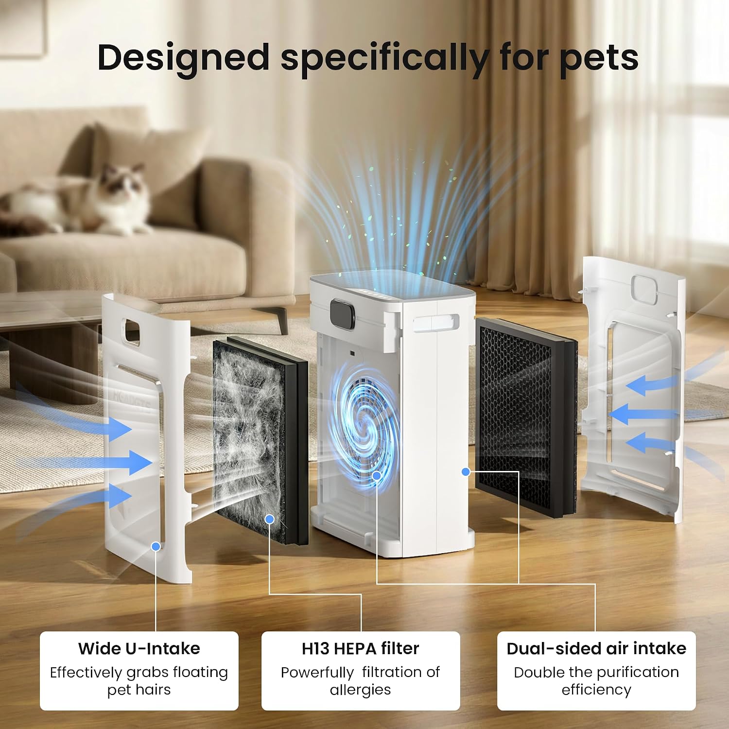 Pet Air Purifier For Home Large Room 2500 Sq Ft, H13 Hepa Washable Double-Sided Filter,Air Cleaner For Pet Hair Dander Odor Allergies Pollutant Smoke Dust,Pm2.5 Air Quality Monitor,Auto Mode,P358 Grey