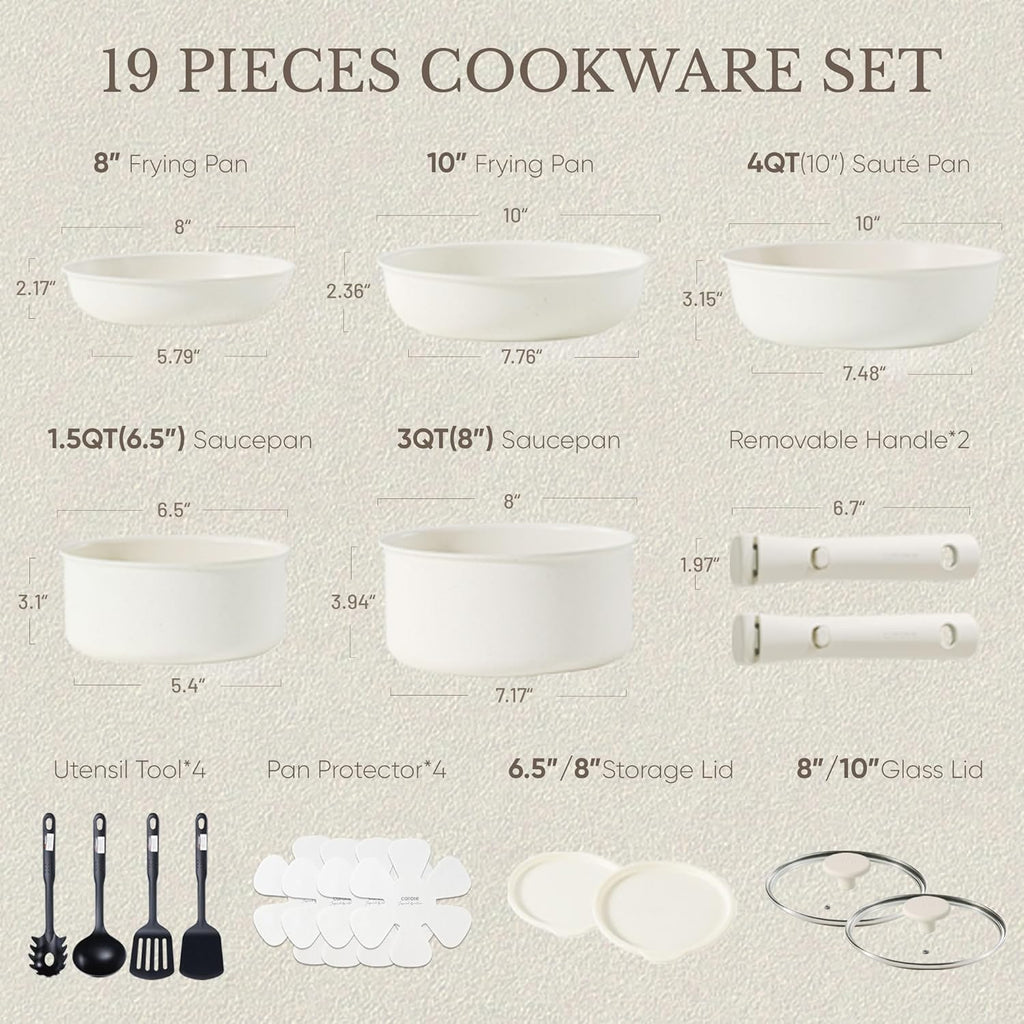 CAROTE 19pcs Pots and Pans Set, Nonstick Cookware Set Detachable Handle, Induction Kitchen Cookware Sets Non Stick with Removable Handle, RV Cookware Set, Oven Safe