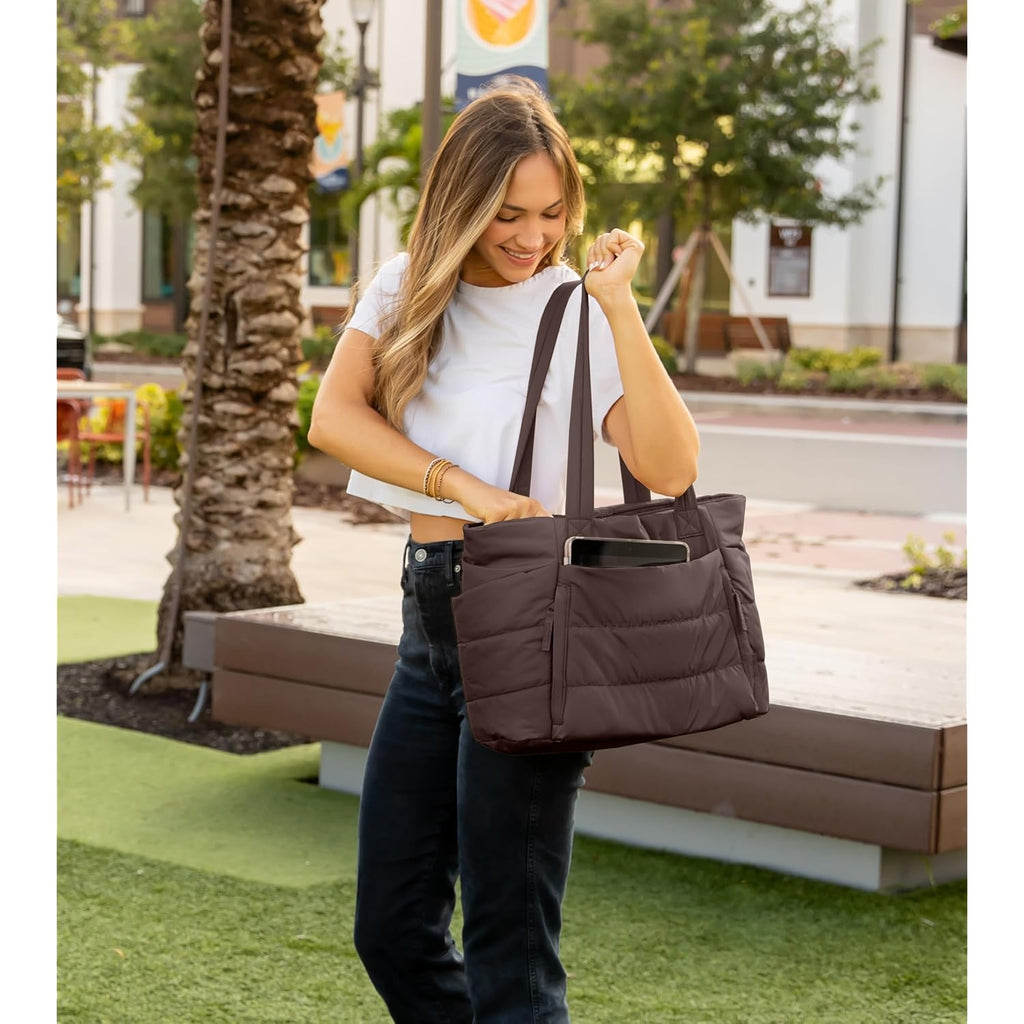Tote Bag for Women with Zipper, Quilted Puffer Tote Bag with Compartments, Lightweight Puffy Work Bags for Women Travel