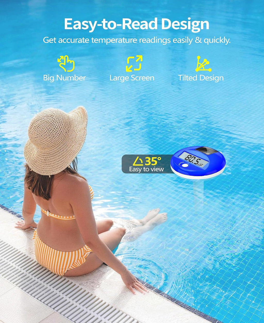 Solar Digital Pool Thermometer Floating Easy Read With One Rope | Large Lcd Display With Big Numbers, ±0.5℃ High Precision, Ip68 Waterproof Pooltemperature Gauge For Hot Tub, Spa