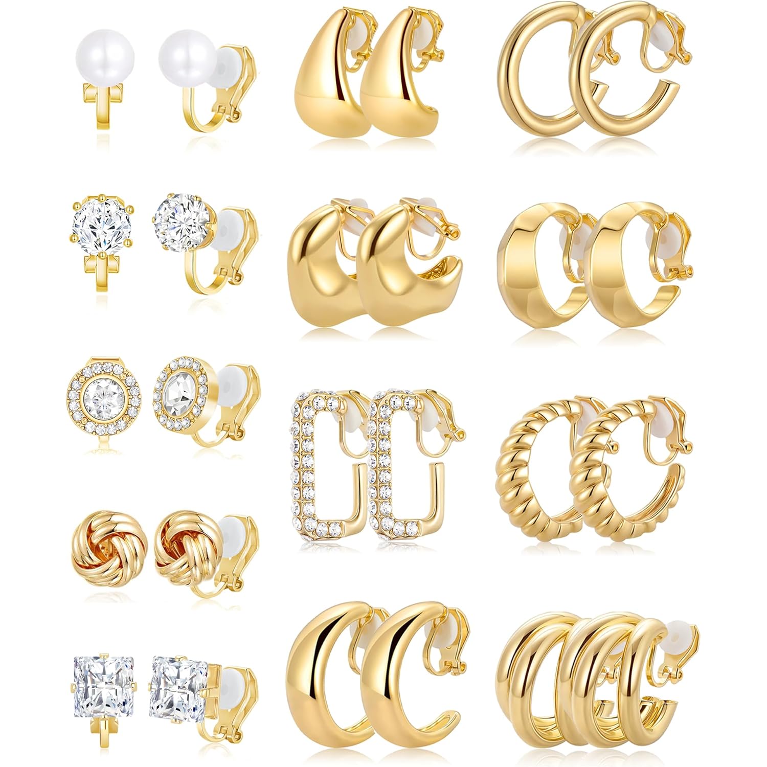 13 Pairs Clip on Earrings for Women 14K Gold Silver Plated Chunky Hoop Clip Earrings CZ Pearl Knot Twist Tube Waterdrop Croissant Non Pierced Hoop and Studs Fake Earring Jewelry Set
