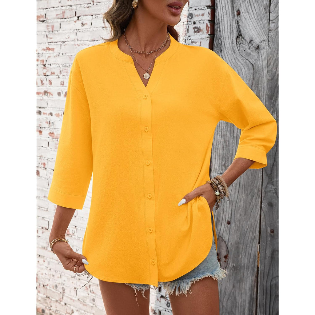 Lomon 3/4 Length Sleeve Womens Tops V Neck 3/4 Sleeve Sides Slit Button Down Shirts Cotton Linen Casual Loose Blouses