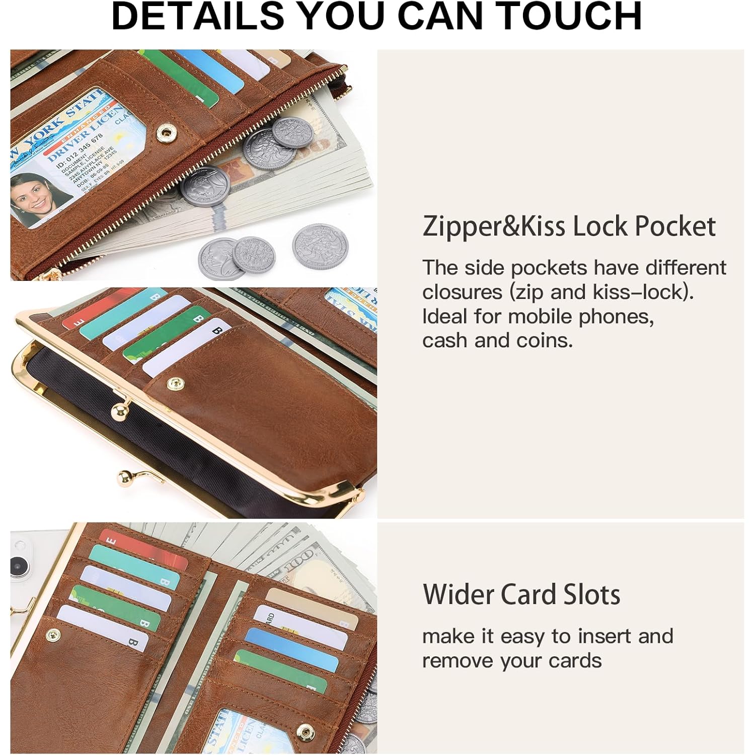 GOIACII Womens Wallet Ladies Vintage Billfold Compact Card Holder Long Zip Clutch Purse with Kiss Lock Brown