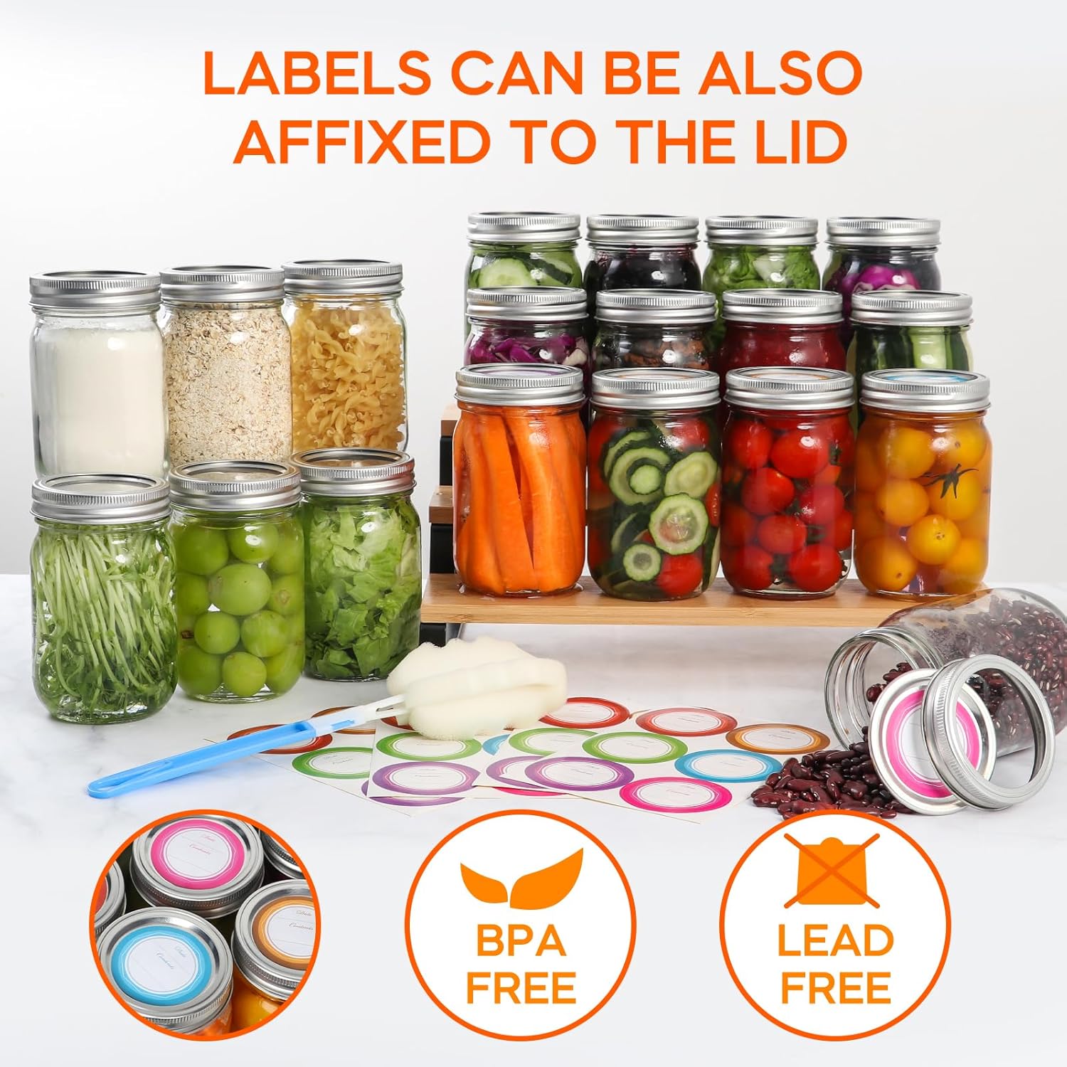 Glass Mason Jars 16 oz with Airtight Lids and Bands - 15 Pack Regular Mouth Pint Canning Jars for Pickling, Meal Prep, Overnight Oats, Dry Food & DIY Crafts - Includes 24 Stickers & Brush