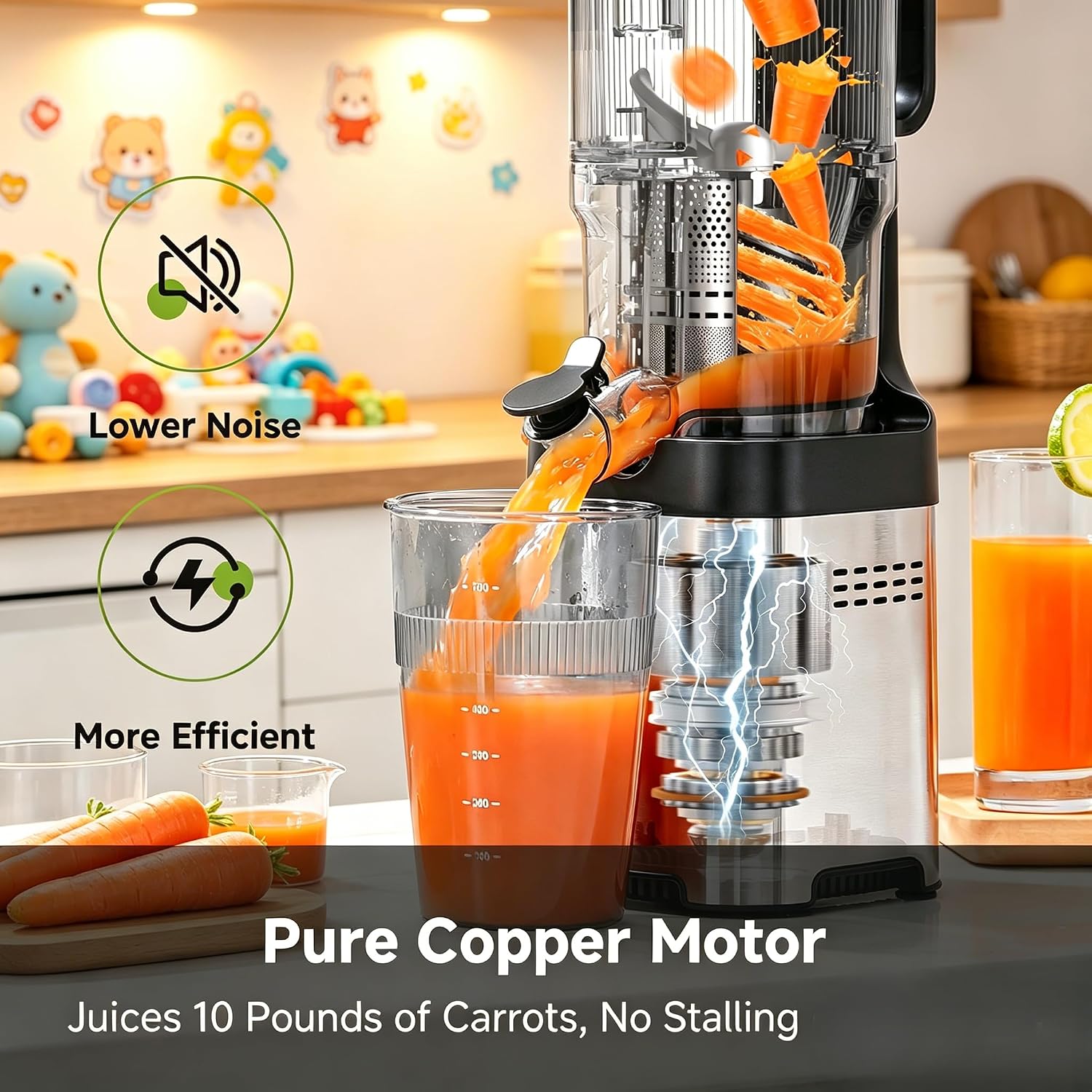 Cold Press Juicer Machine, 5.4" Wide Self-Feeding Chute For Whole Fruits & Vegetables, Masticating Juice Extractor With Large Auger & Triple Strainers, High Juice Yield, Easy To Clean